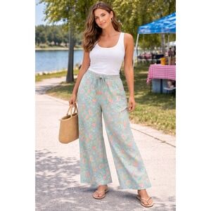 HM Womens Turquoise Floral Paisley Wide Leg Drawstring Pants Size Medium boho